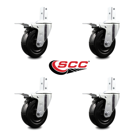 Service Caster 4 Inch Hard Rubber Wheel Swivel 3/4 Inch Square Stem Caster Set Total Lock Brake SCC-SQTTL20S414-HRS-34-4